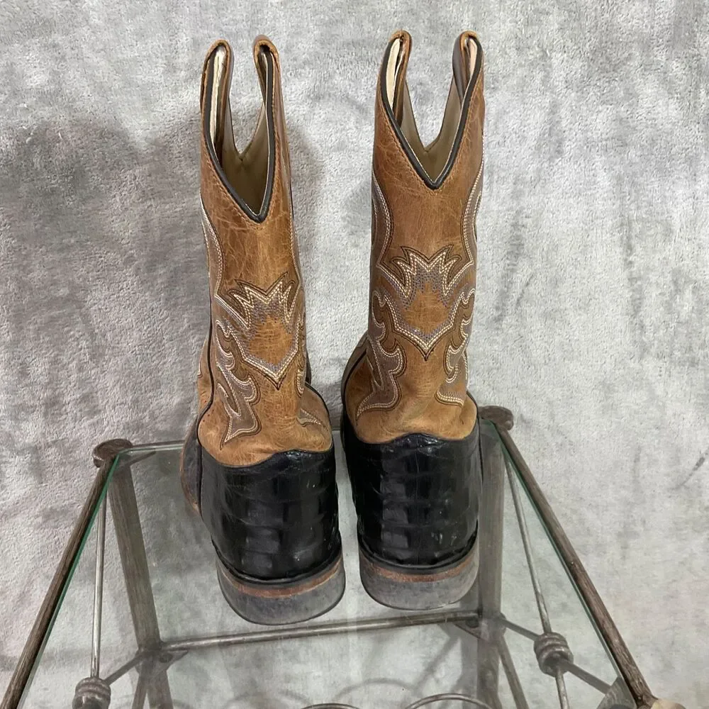 Old West Leather Cowboy Boots Mens 7D Broad Square Toe Horned Back Gator Print